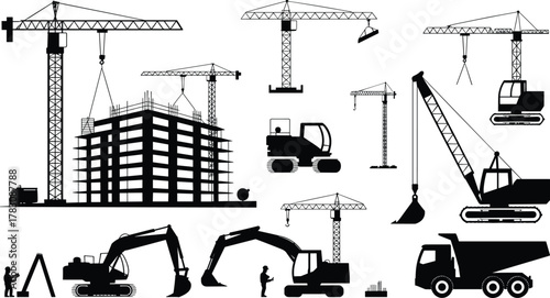 Construction site with cranes, excavators, dump truck, and workers, industrial construction equipment silhouette, modern building development, architecture engineering background