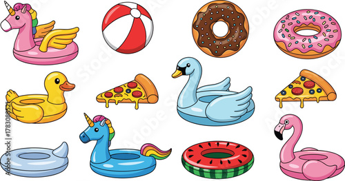 Cartoon pool floats, unicorn, flamingo, donut, pizza slice, beach ball, summer icons, inflatable toys, swimming accessories, flat vector art, isolated set