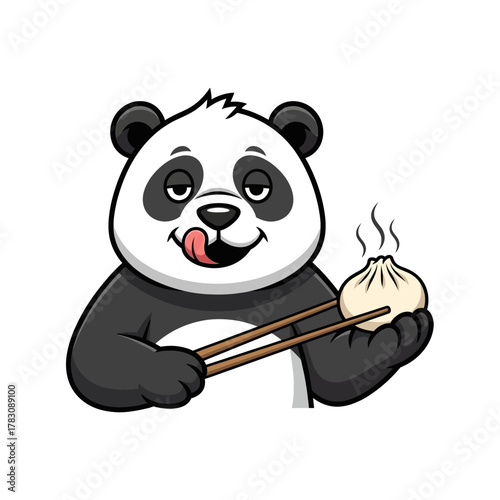 A cute cartoon panda bear licking its lips while eating a hot steaming dumpling with chopsticks.