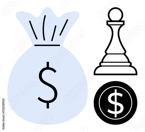 Money bag with dollar sign, chess pawn symbolizing strategy, and dollar coin signifying wealth. Ideal for financial planning, investment, business strategy, economy, saving decision-making. Simple