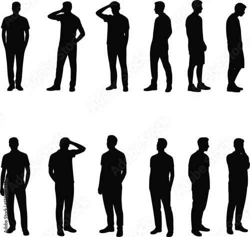Silhouette of thoughtful man in various poses, standing, walking, thinking, isolated on white background, concept of decision, contemplation, uncertainty, reflection