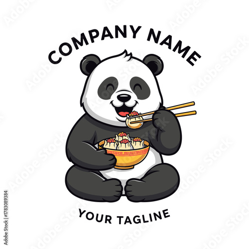 Cute cartoon panda mascot happily eating Asian food with chopsticks from a bowl, suitable for a restaurant logo design.