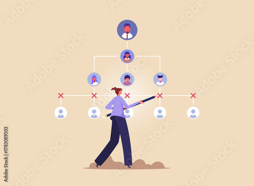 Downsizing or layoff employee concept, contract termination, dismissal workforce, restructure company, businesswoman using a pencil draw a cross or X mark cut job from organization chart