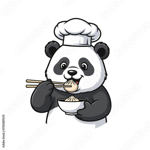 Cartoon panda chef happily eating a dumpling with chopsticks from a bowl of food.