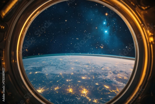 Fototapeta Naklejka Na Ścianę i Meble -  Astronaut viewing earth from space window international space station photography outer space first-person perspective cosmic beauty