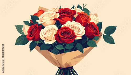 A beautiful bouquet of red and white roses wrapped in brown paper, a lovely floral arrangement.