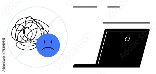 A sad face entangled in scribbles crossed out next to a laptop symbolizing clearing mental chaos through technology. Ideal for productivity, time management, mental clarity, problem-solving, digital