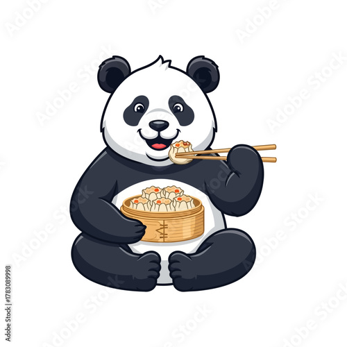 Cartoon panda eating dim sum with chopsticks, holding a bamboo steamer.