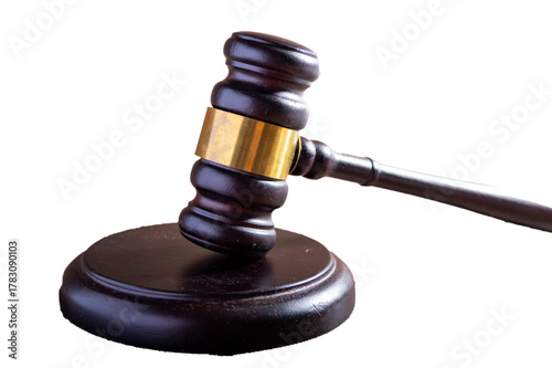 A high-quality, perfectly isolated dark wooden gavel with a gold band, resting on its sound block, provided as a professional cutout PNG on a transparent background, symbolizing law and authority.