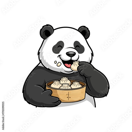 A cute cartoon panda happily eating delicious dumplings from a bamboo steamer basket.