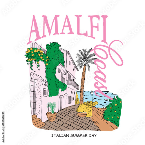 Amalfi coast Italy. Beach cost vintage canvas posters. Hand drawn Retro abstract poster. Handwriting slogan text for Amalfi graphic tee t shirt.