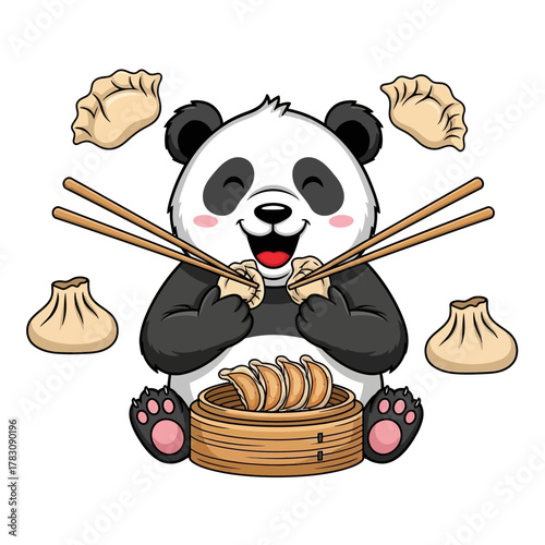Cute cartoon panda happily eating delicious Asian dumplings with chopsticks from a bamboo steamer.