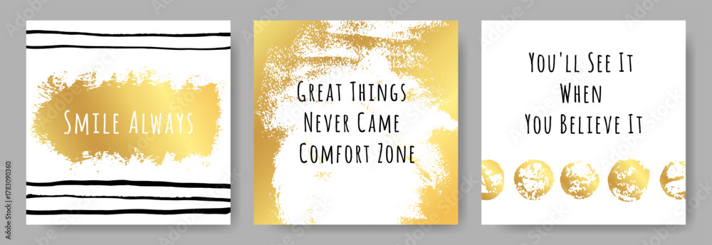 Obraz premium Golden abstract background with inspiration and motivation quotes. Success phrases for workplace and personal development. Layout for social media posts, stories, greeting cards and posters.