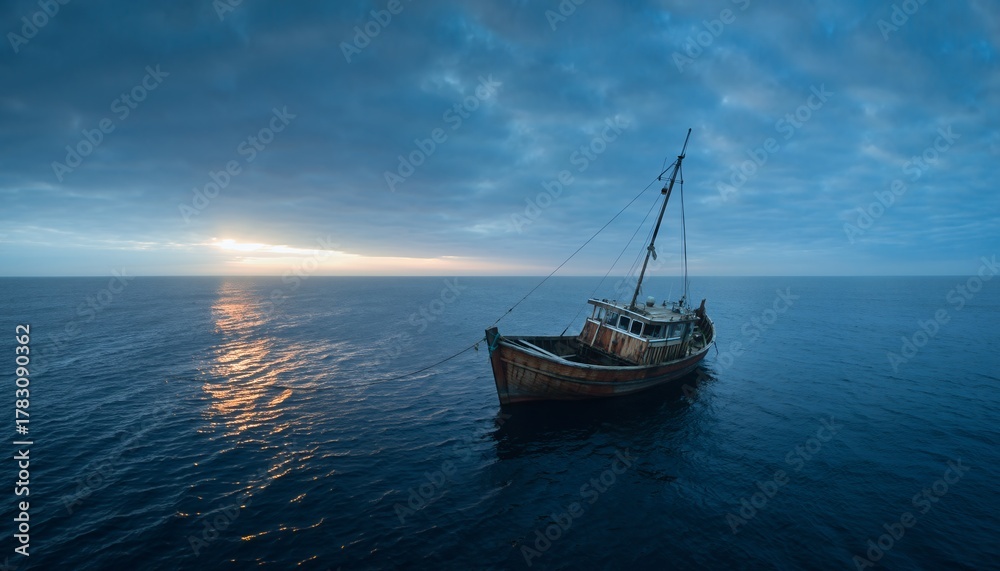 Fototapeta premium Old Wooden Sailboat Floating in Calm Ocean at Sunset with Cloudy Sky