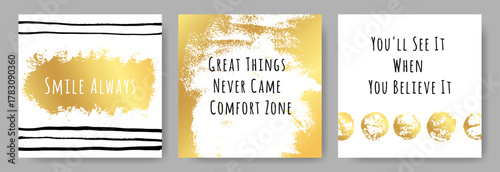 Golden abstract background with inspiration and motivation quotes. Success phrases for workplace and personal development. Layout for social media posts, stories, greeting cards and posters.