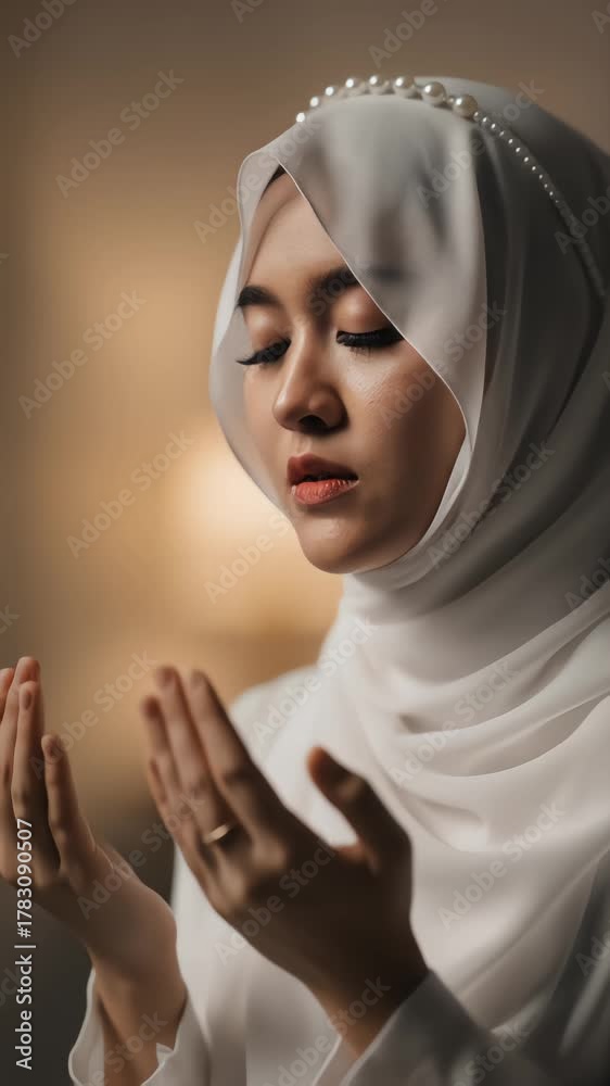 A devout Muslim woman in a white hijab prays peacefully at home, with ...