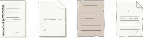 Paper texture icon vector set—clean, folded, aged, and crumpled sheets with lines and wear for creative documentation compositions