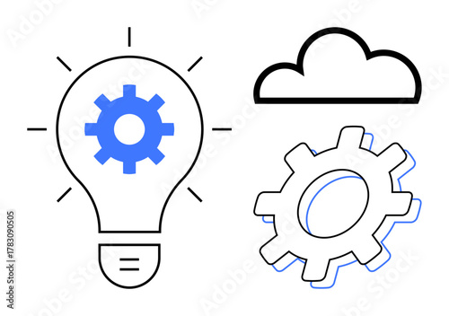 Light bulb with gear insert, cloud, and separate gear symbolizing innovation, cloud computing, and process improvement. Ideal for technology, innovation, cloud services, business strategy data