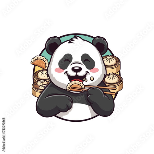 A cute cartoon panda happily eating dumplings with chopsticks, surrounded by bamboo steamers.