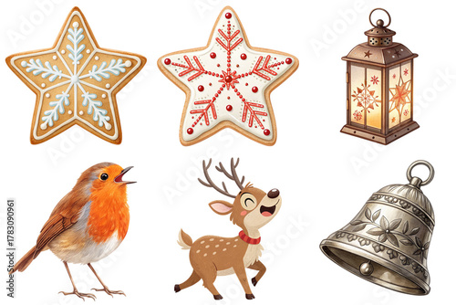 Star shaped gingerbread cookie decorated star cookie festive lantern singing robin joyful reindeer ornate bell