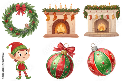 Wreath with bow and bird, two decorated fireplaces with stockings and candles, cheerful elf, red and green Christmas ornaments full of festive