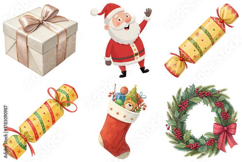 Festive gift box, Santa Claus, holiday cracker, Christmas stocking filled with toys, evergreen wreath with bow, joyful seasonal celebration