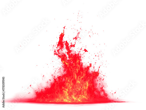 Vibrant red and orange fiery splash with glowing particles and a liquid surface