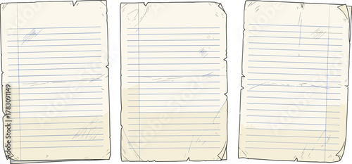 Vintage notebook paper icon vector set—aged lined sheets with torn edges and creases for nostalgic writing and documentation compositions