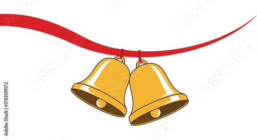 Golden Wedding Bells Hanging from a Red Ribbon.