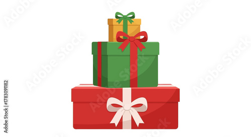 Stack of Colorful Gift Boxes with Ribbons and Bows.