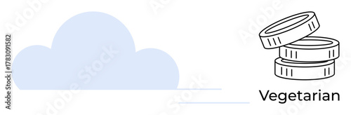 Minimalistic cloud and stacked coin-thumbs up objects beside vegetarian label. Ideal for technology, eco-friendly living, finance, sustainability, digital storage, food trends, modern design. Simple