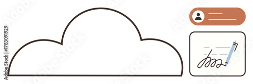Cloud outline with user ID and digital signature interface. Ideal for data security, cloud storage, digital identity, e-signature, online documentation, remote work, simple flat metaphor