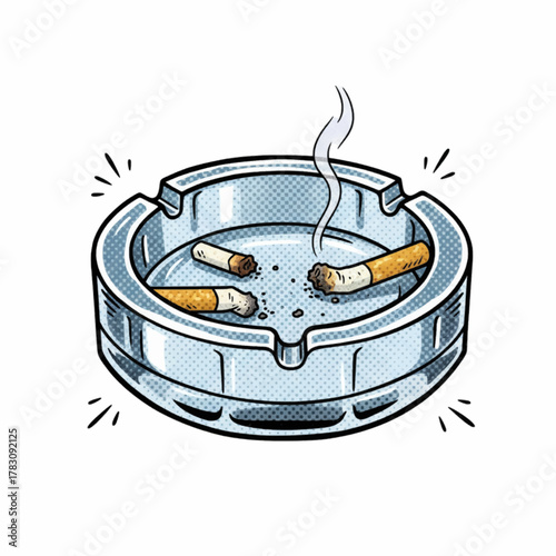 Ashtray with smoking cigarettes and butts pop art illustration