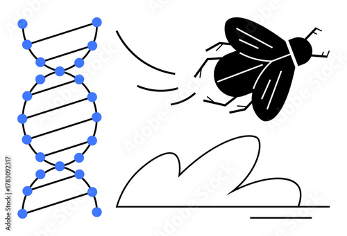 DNA strand alongside a fly in motion near simple shapes, representing genetics, biology, research, evolution, nature, science, reproduction and gene editing. Ideal for education research