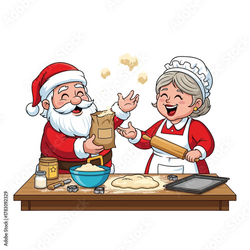 Santa Claus and Mrs Claus joyfully baking together, preparing dough with flour and a rolling pin for delicious holiday treats on a wooden table