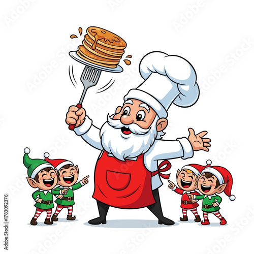 Santa Claus chef holding a stack of pancakes on a fork, surrounded by laughing elves, wearing chef hat and red apron, cheerful holiday cooking scene