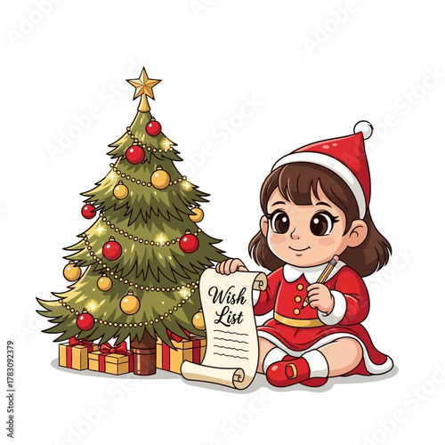 Little girl dressed as santa claus writing wish list next to decorated pine tree with presents, festive season activity, holiday spirit, children imagination