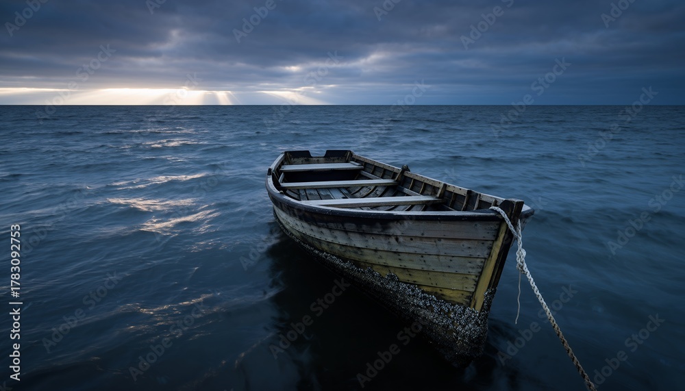 Fototapeta premium Old Wooden Boat Floating on Calm Ocean Under Dark Cloudy Sky During Sunset