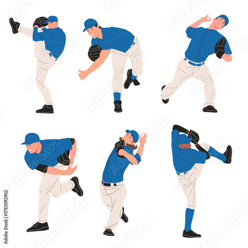 Set of baseball pitchers in blue uniforms throwing ball in different pitching poses, professional athletes in action, flat vector illustration on white background