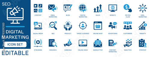 Digital marketing icon set. featuring seo, blog, content, website, strategy, social media, sales, online advertising, Growth, Audience, Customers, and more. perfect for vector icon collection.