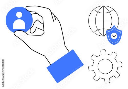 Hand holding user profile icon with globe, shield, and gear. Ideal for user management, data workflow, cybersecurity, global services, HR solutions, digital identity online platforms simple flat