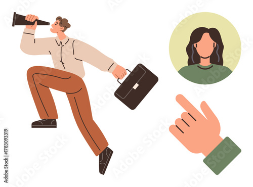 Man with telescope and briefcase looking for prospects, portrait of woman, pointing hand. Ideal for career exploration, recruitment, networking, business strategy, job search, communication