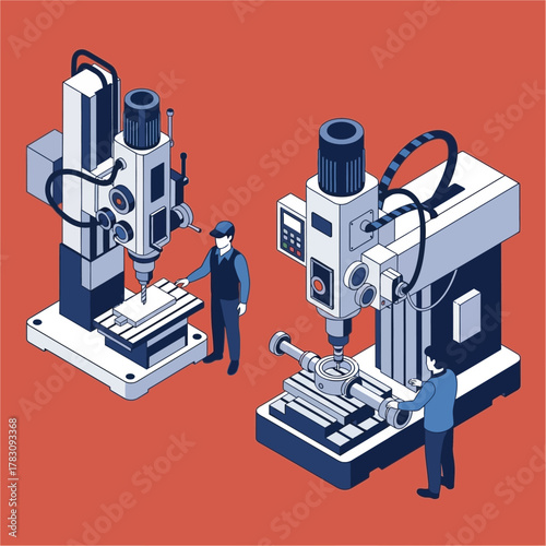 Isometric illustration of engineers operating industrial milling machines in a factory setting.