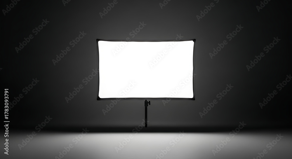 Fototapeta premium A studio setup with a large softbox light centered in a dark room casting a bright glow on the floor