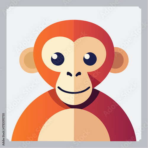 A colorful, flat cartoon illustration of a smiling monkey's face and upper body against a clean white background with a gray border.