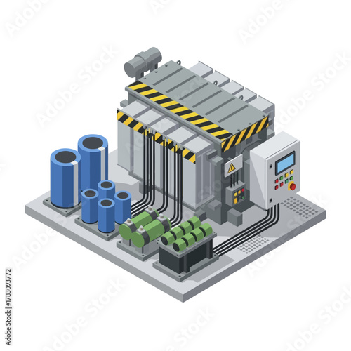 Isometric view of a power transformer station with electrical equipment.