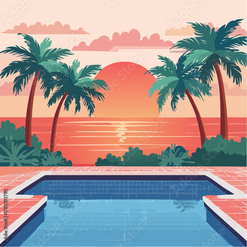 Illustration of a serene poolside scene at sunset with palm trees, ocean view, and a warm color palette.