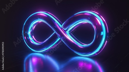 Fototapeta Naklejka Na Ścianę i Meble -  Infinity symbol, vibrant neon glow, dark background, 3D render, digital art, stock image, design element, abstract concept