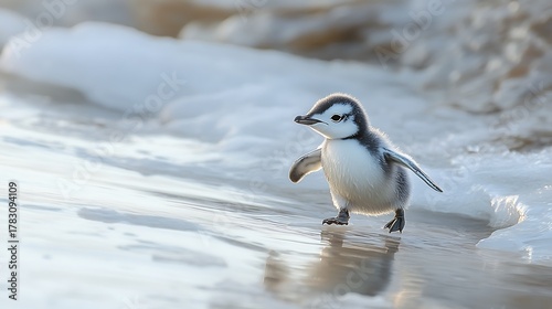 A cute penguin chick walking on a sandy beach near the ocean.