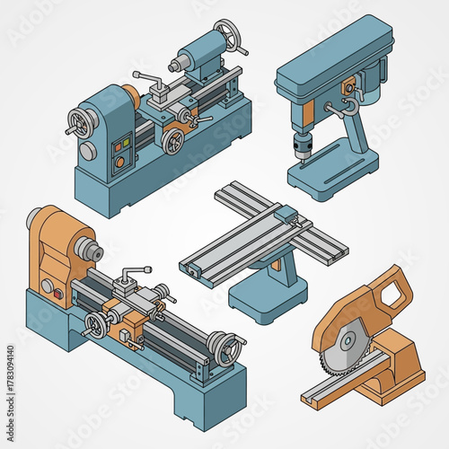 Isometric View of Metalworking Machines - Lathes, Drill Press, and Saw.
